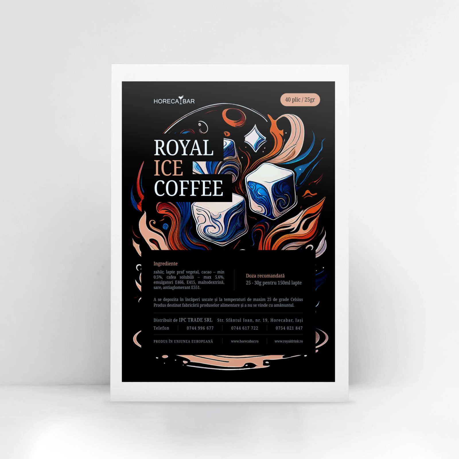 Poster promoting Royal Ice Coffee with Horeca Bar branding and abstract colorful artwork on a dark background