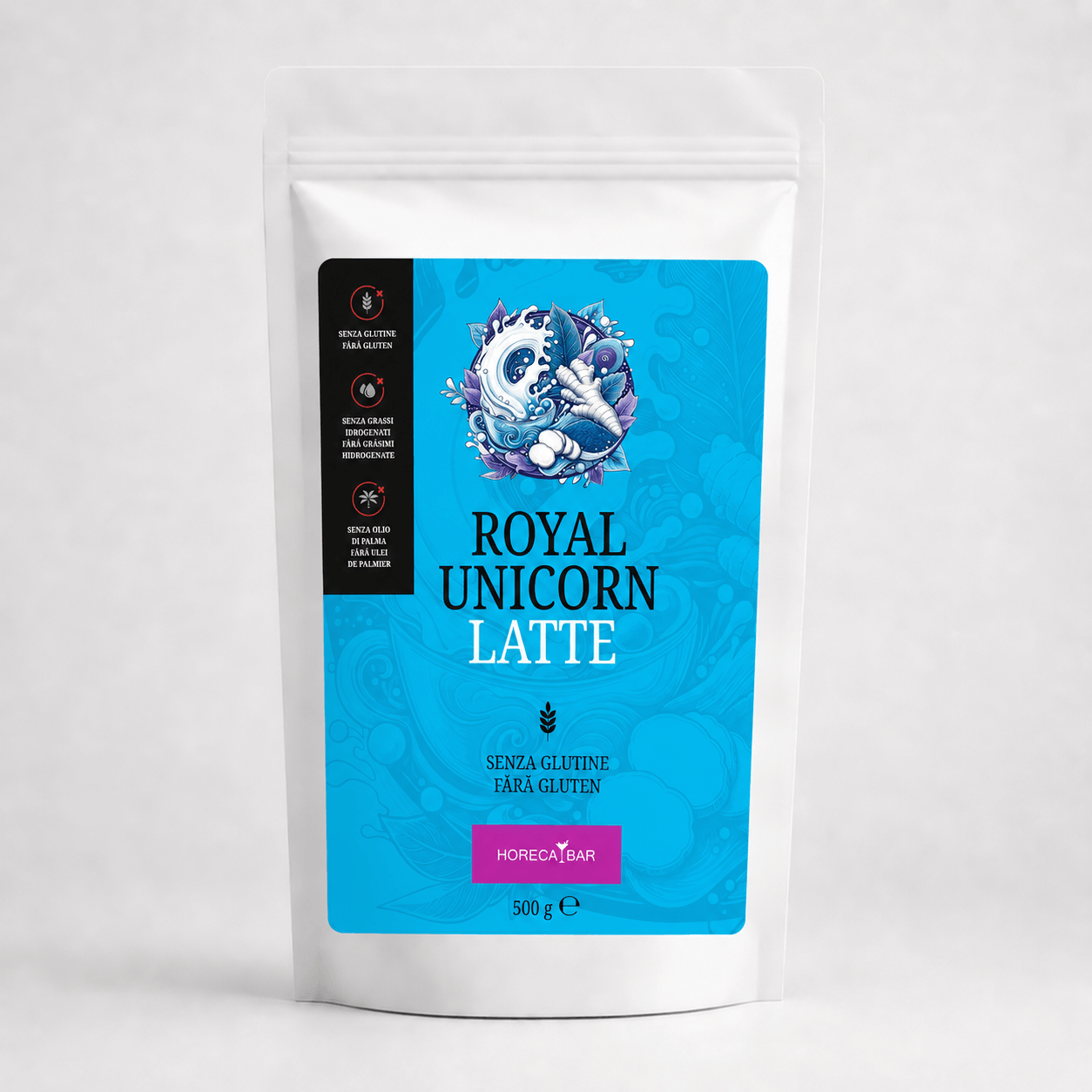 Front of a white resealable pouch for Royal Unicorn Latte with a bright blue label and unicorn artwork gluten free 500 g