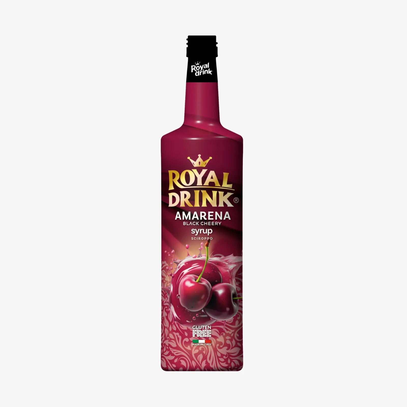 Bottle of Royal Drink AmarenA cherry syrup gluten free with purple pink label and cherry imagery on the lower portion