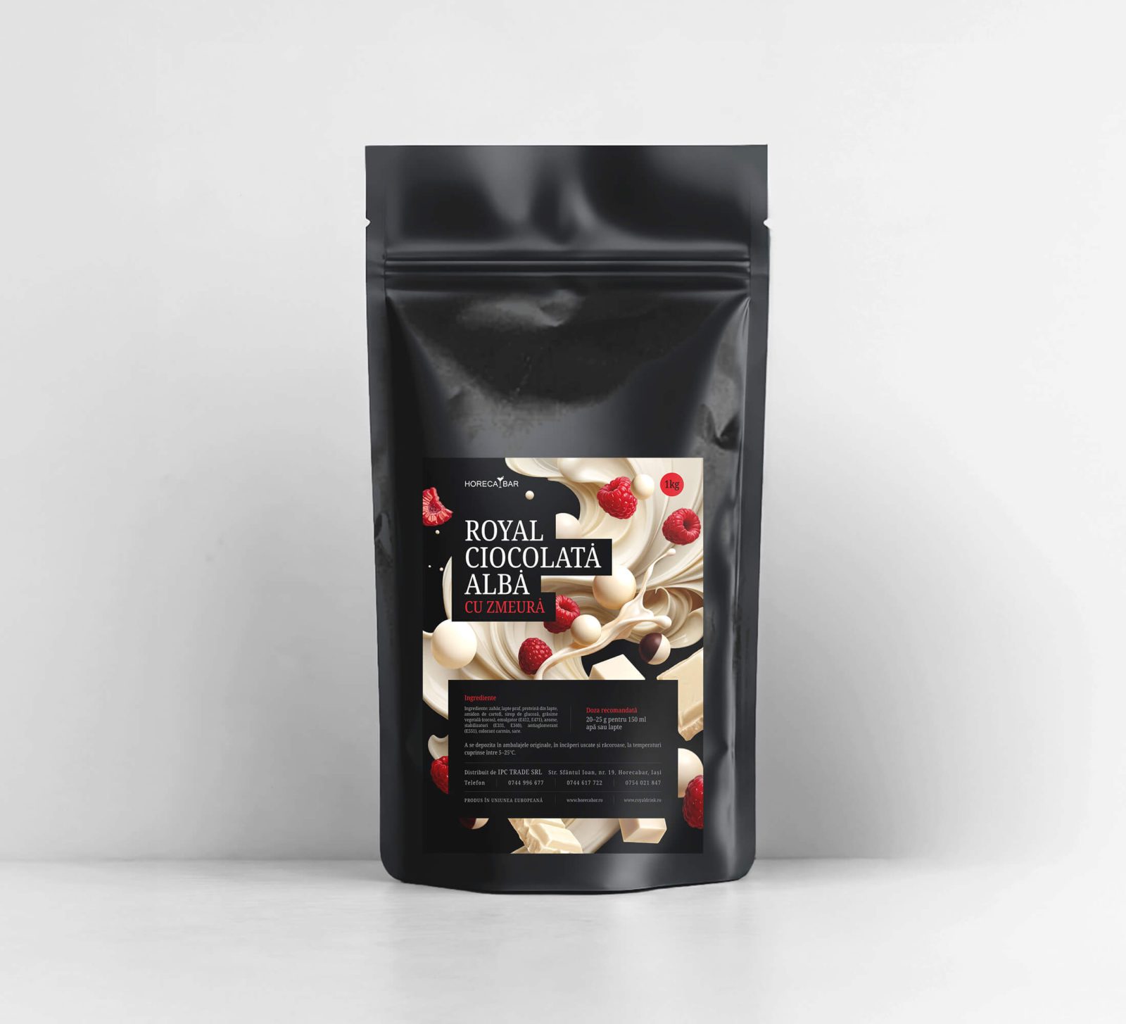 Black stand up pouch of ROYAL CIOCOLATA ALBA cu zmeură chocolate packaging with raspberry imagery and cream swirls on the label