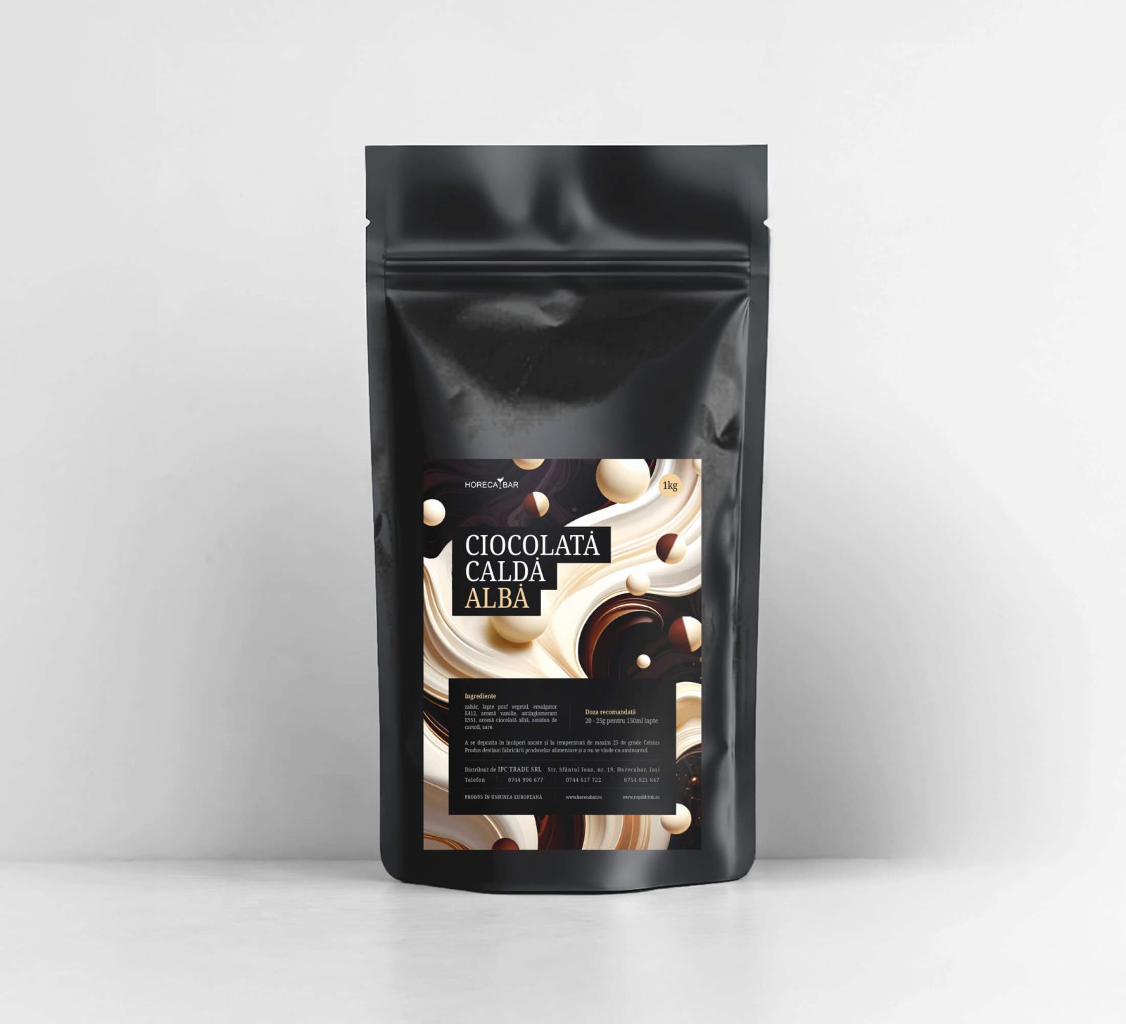 Black resealable pouch of white hot chocolate labeled Ciocolata Calda Alba against a light gray background with chocolate swirl artwork on the label