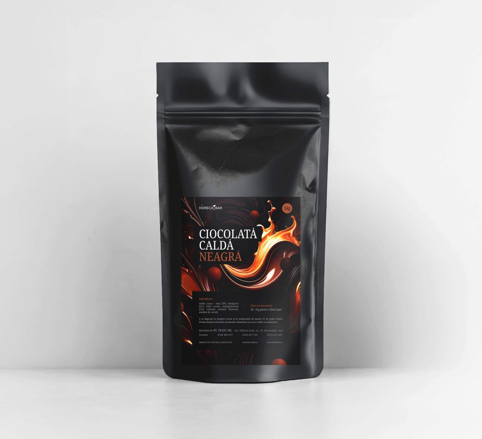Black resealable pouch featuring a label that reads Ciocolata Calda Neagra with fiery orange graphic elements on a dark background