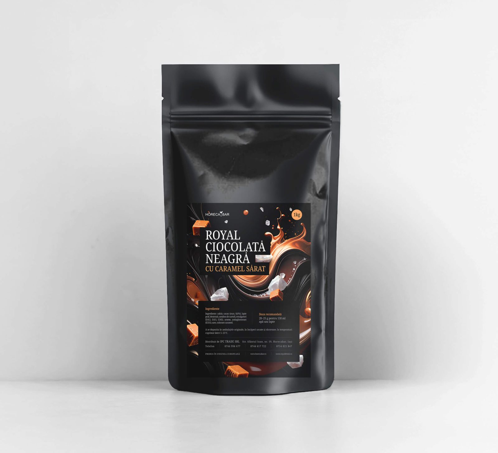 Stand up black resealable bag for Royal dark chocolate with salted caramel label in Romanian and chocolate imagery visible