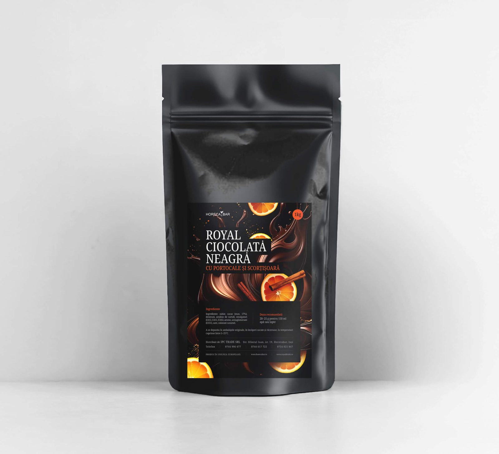 1kg pouch of Royal Dark Chocolate with orange slices and cinnamon on a black label