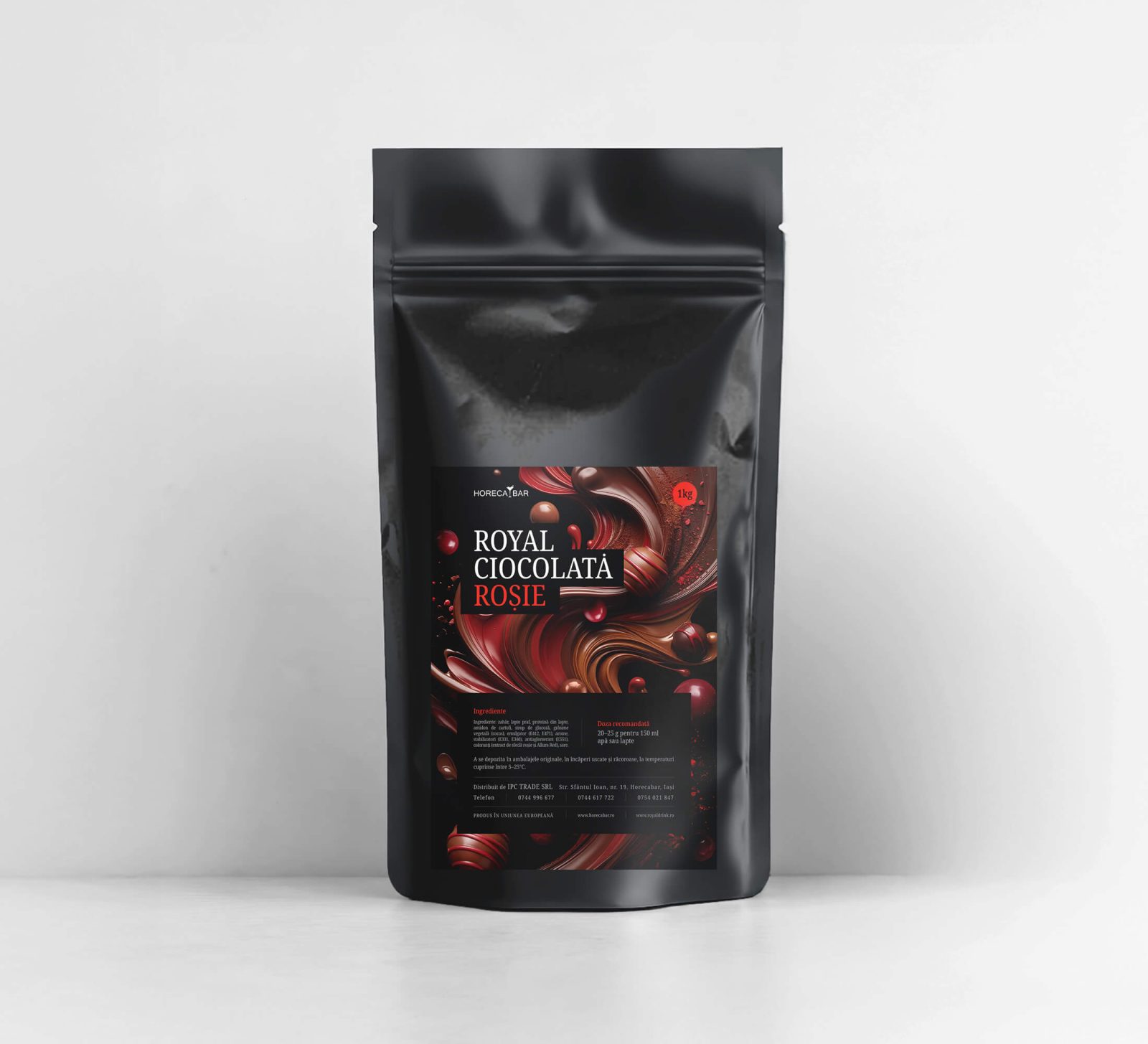 Black stand up pouch of Royal Ciocolată Roșie chocolate with red label showing swirls of chocolate and berries 1 kg