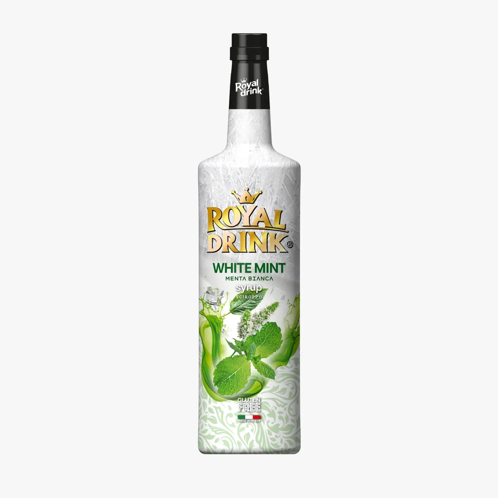Front view of a tall Royal Drink bottle with a black cap and a whitemint label showing mint leaves and WHITE MINT text