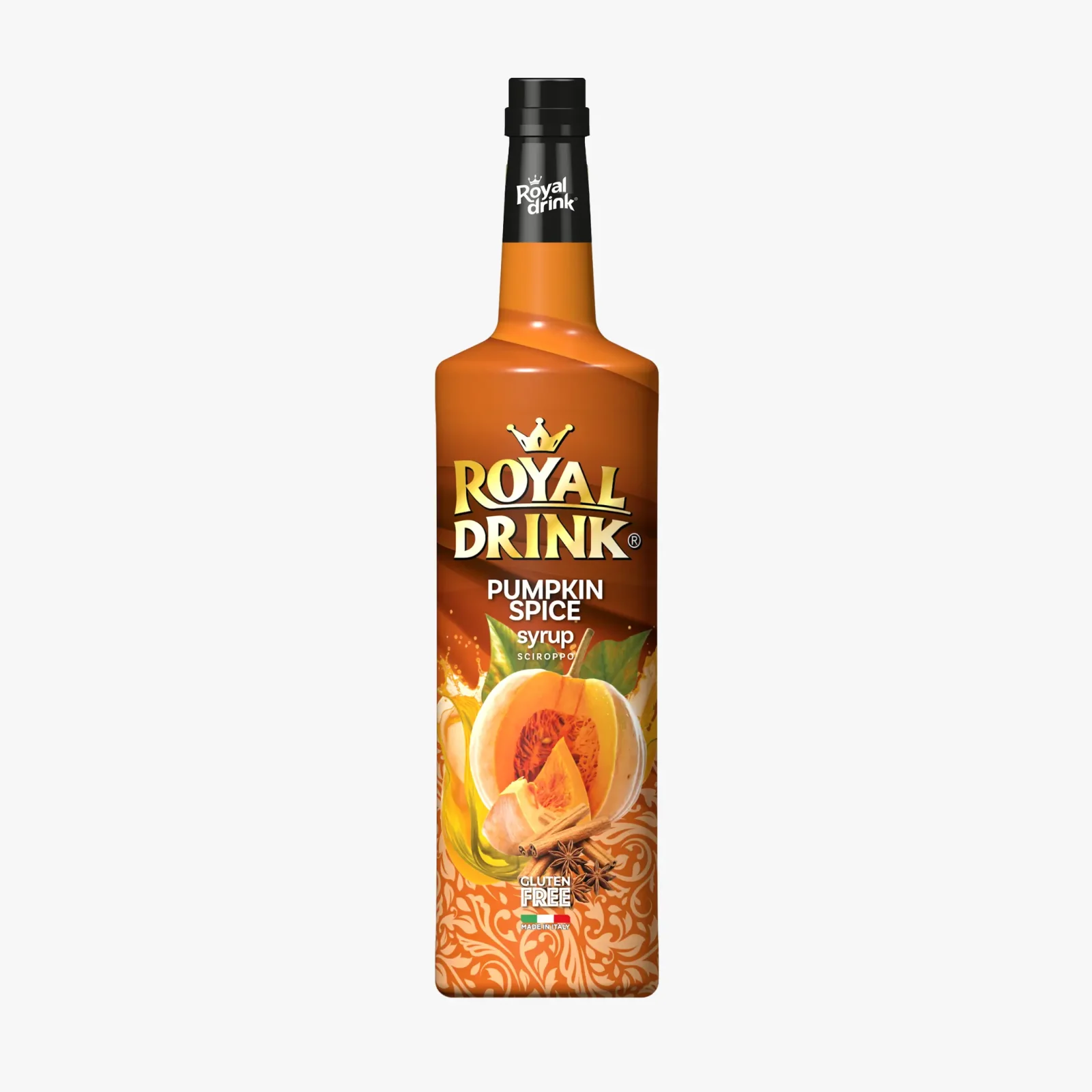 Orange Royal Drink pumpkin spice syrup bottle with a black neck label and crown logo